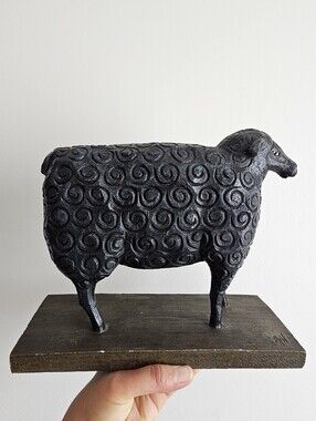 1980s David Harden Primitive Black Sheep Folk Art Sculpture Signed Rustic VTG